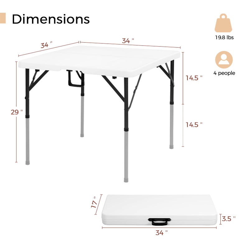 pollilar 34" Folding Card Table Square Foldable Table Plastic Portable with Detachable Legs, Dual Height Adjustable, Heavy-Duty Indoor Outdoor Dining, Game, Picnic, Mahjong Tables-White - Image 2