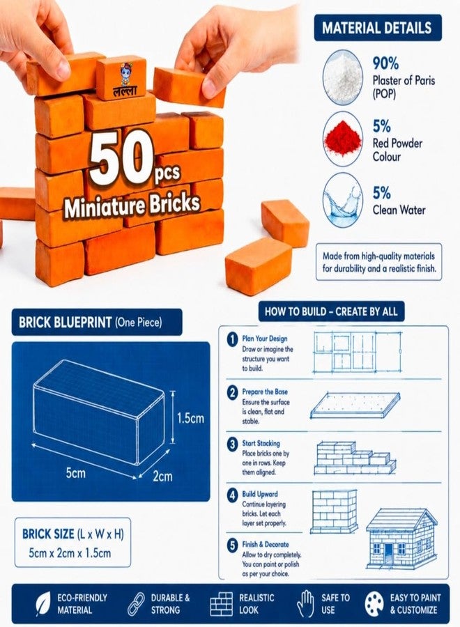 LALLA Toys Miniature Brick for Construction Play, Build a Model Home, Mini Wall, Doll House, School Project, Corporate Tower Model, Building for Kids and DIY, Learning Kit, Gift for Kids (50 Pieces) - Image 2