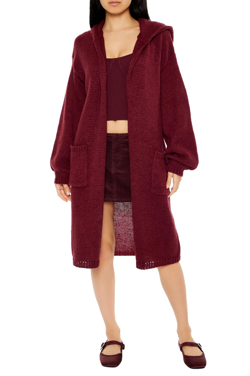 Forever 21 Women's Hooded Cardigan Sweater Merlot Medium - Image 1