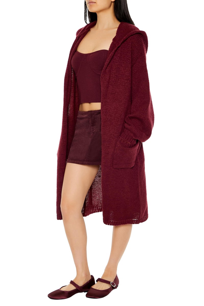 Forever 21 Women's Hooded Cardigan Sweater Merlot Medium - Image 3