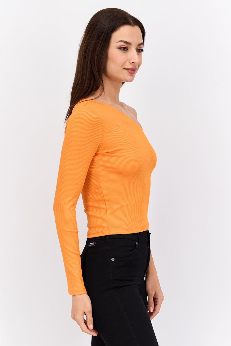 Sinsay Women Asymmetrical One Shoulder Textured Top, Orange  - Image 2