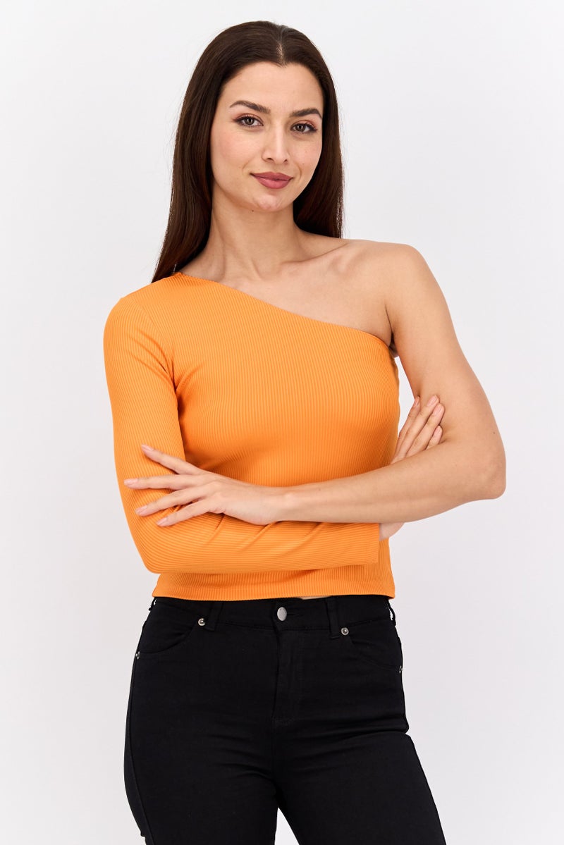 Sinsay Women Asymmetrical One Shoulder Textured Top, Orange  - Image 1