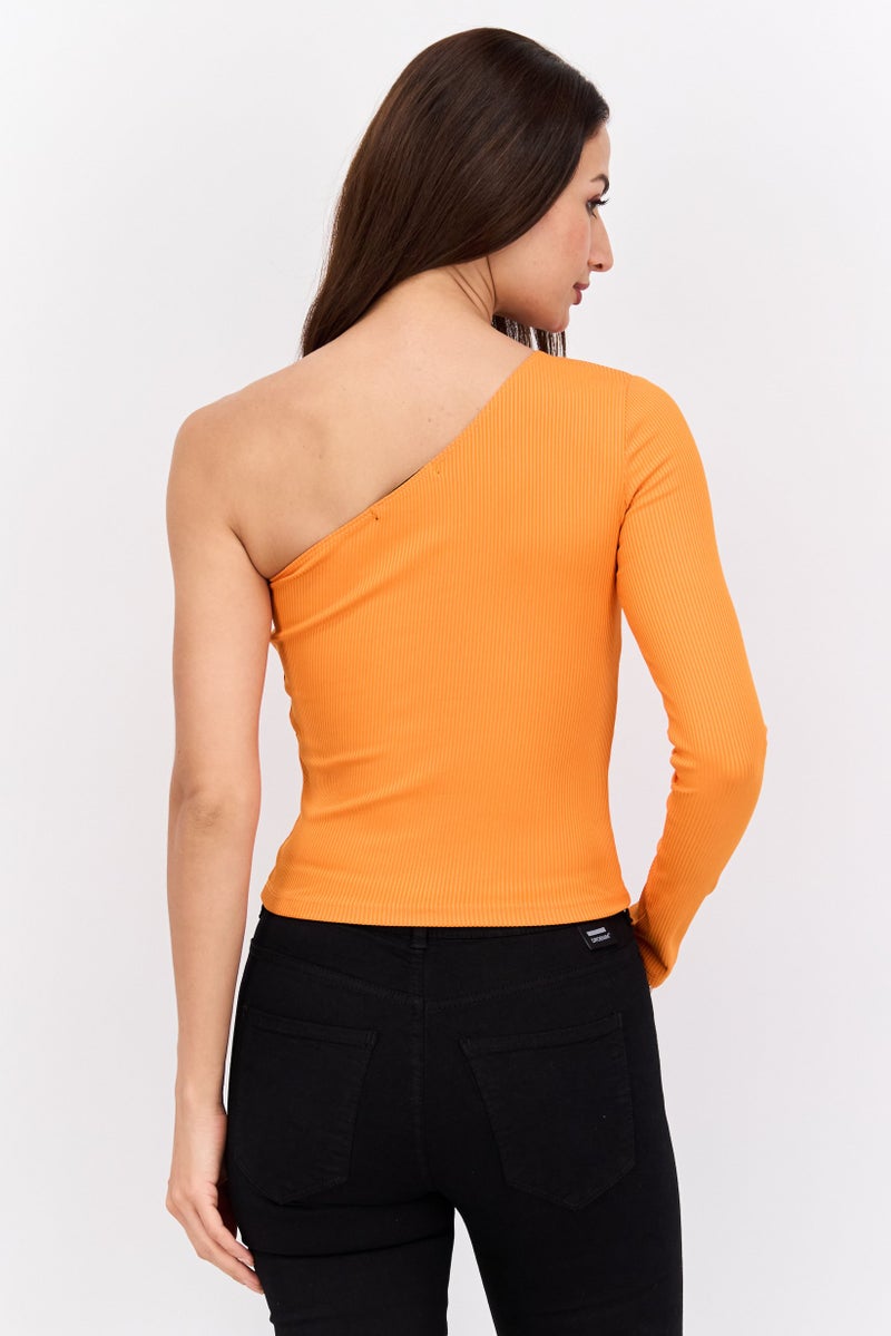 Sinsay Women Asymmetrical One Shoulder Textured Top, Orange  - Image 4