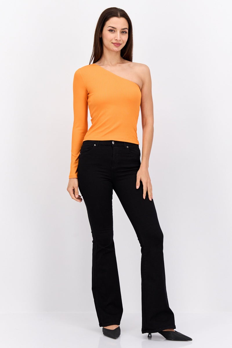Sinsay Women Asymmetrical One Shoulder Textured Top, Orange  - Image 3