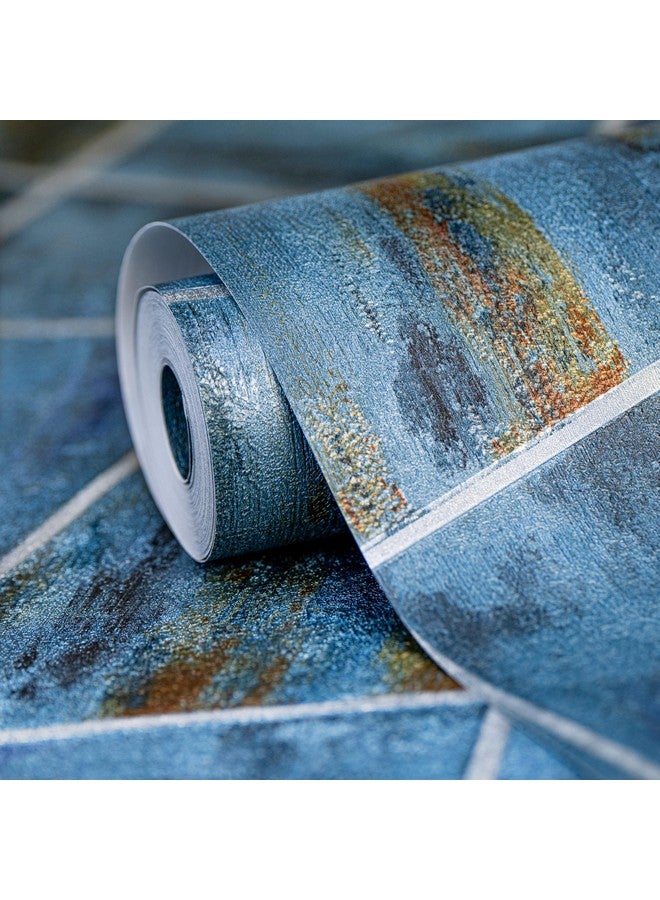 wolpin Wallpaper Non-Woven Non-Adhesive 53Cm X 9.5M (± 3%) Textured Geometric Shining Design Silver Lines, Blue - Image 1
