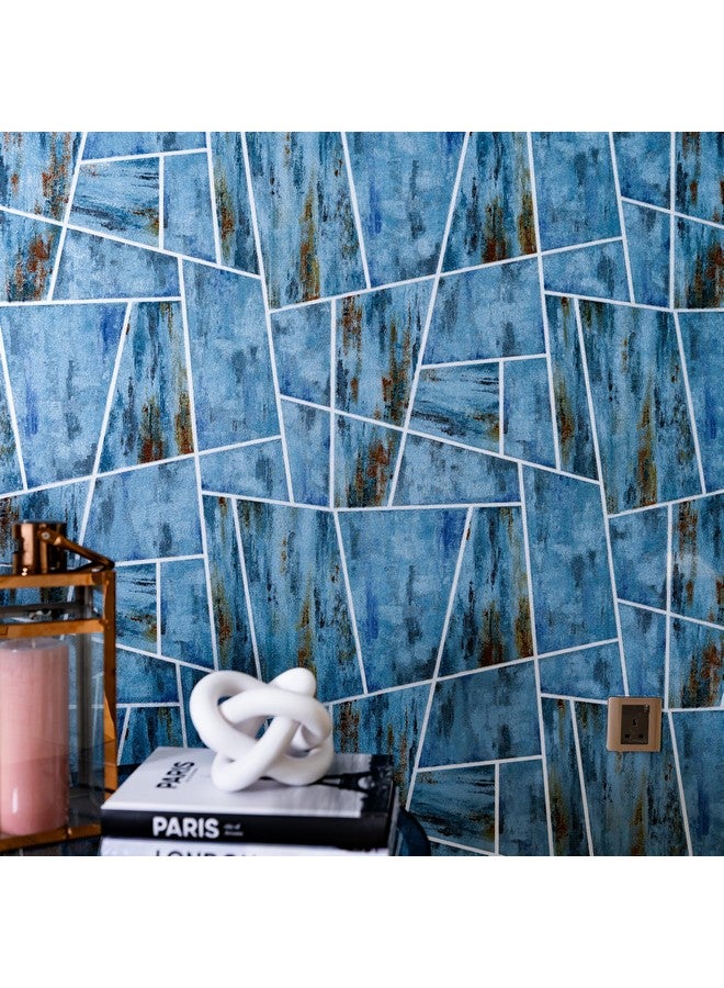 wolpin Wallpaper Non-Woven Non-Adhesive 53Cm X 9.5M (± 3%) Textured Geometric Shining Design Silver Lines, Blue - Image 3