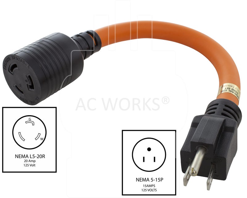 AC WORKS Locking Adapter Household 15Amp 5-15P Plug to Locking 20Amp L5-20R Female Connector (Flexible) - Image 2