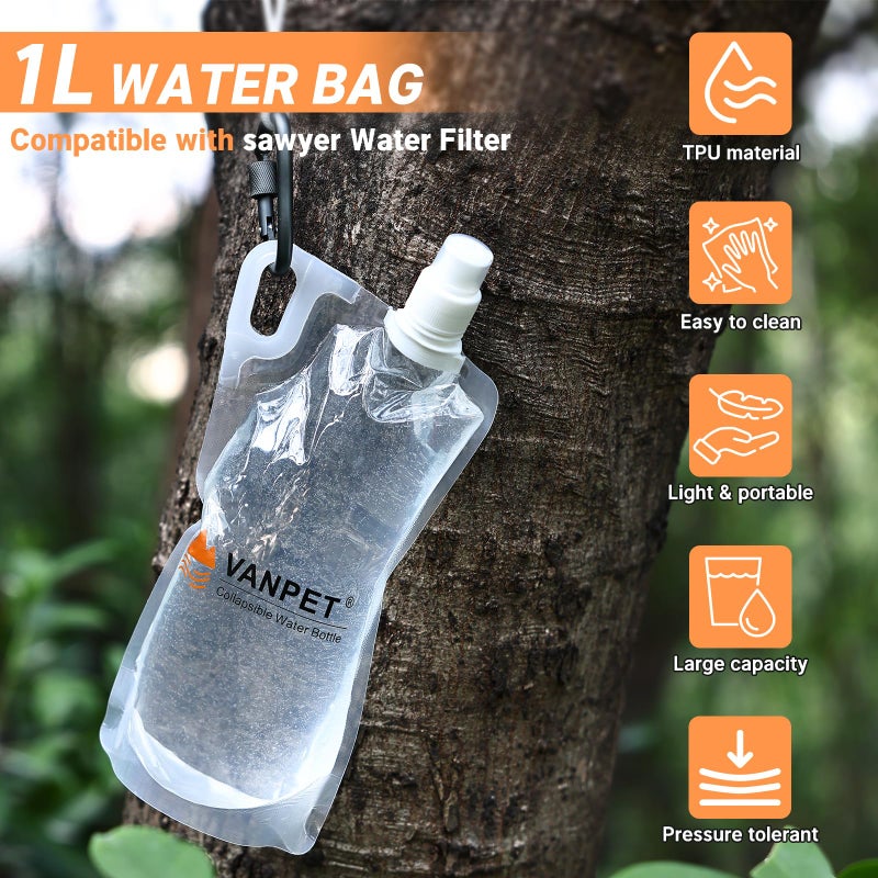 Vanpet Filter Collapsible Water Bottles  1L Plastic Flasks  Reusable Drink Bags  Foldable Backpacking Water Bottle For Travel Camping Hiking (2) - Image 2