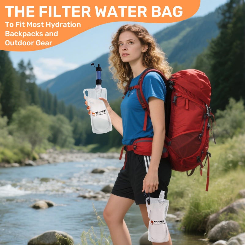 Vanpet Filter Collapsible Water Bottles  1L Plastic Flasks  Reusable Drink Bags  Foldable Backpacking Water Bottle For Travel Camping Hiking (2) - Image 3
