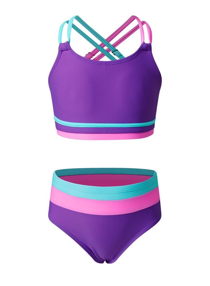 blibean Tween Girls Swimsuit Colorblock Teen Bikini Sets Big Kids 2 Piece Bathing Suits Junior Cute Swimwear Sporty Swimming Suit 2026 Traje Baño Niñas Size 12-13 Year Old Purple - Image 4