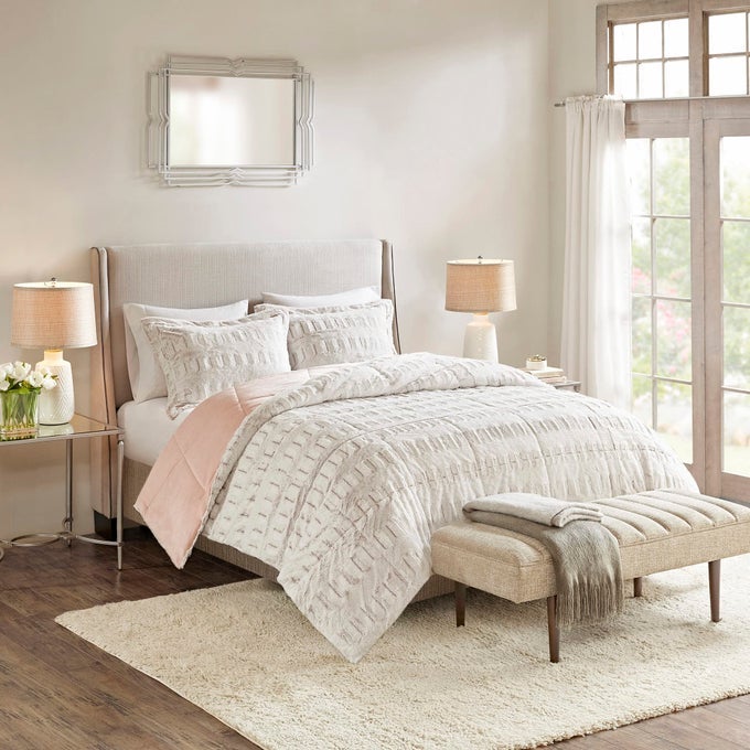 SOFT PLUSH COMFORTER LONG FAUX FUR DESIGN MID CENTURY MODERN ALL SEASON DOWN ALTERNATIVE BEDDING SET WITH MATCHING SHAM KINGCAL KING GIA BLUSHWHITE 3 PIECE