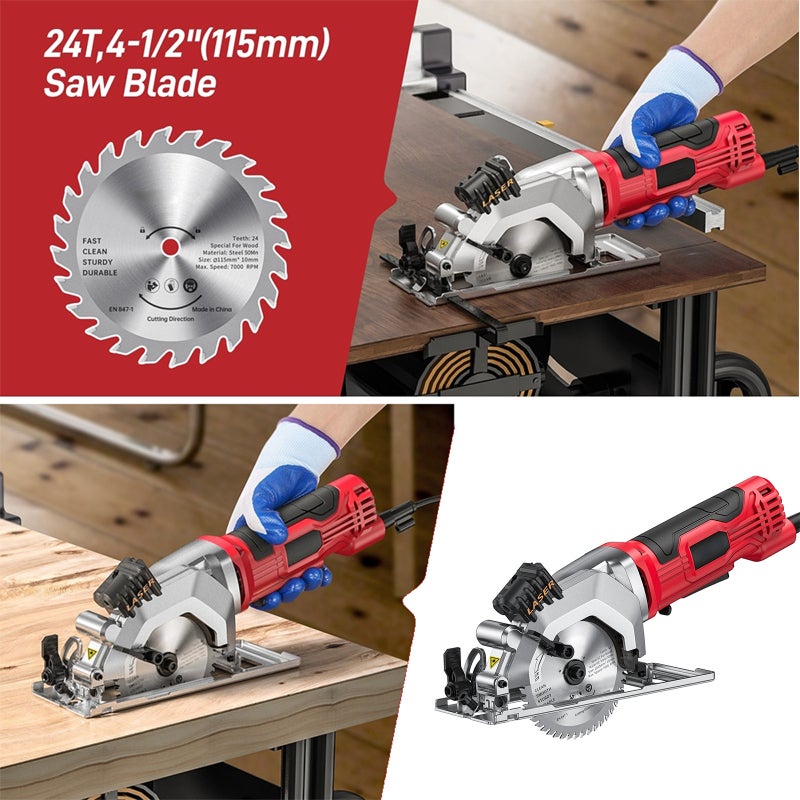 Mini Circular Saw: 4-1/2 Inch 115MM Red - 3700 RPM Copper Motor, 0°-45° Bevel Cutting, 23-48MM Variable Depth for Woodworking and Home DIY Projects - Image 3