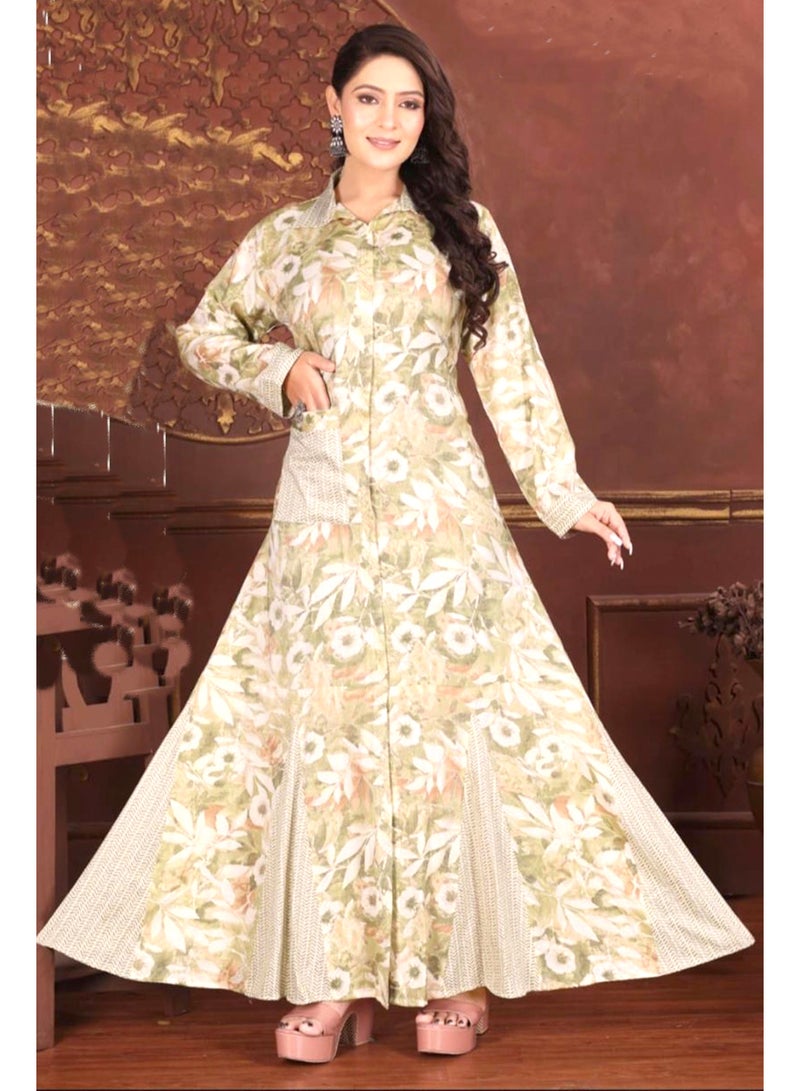 زينة فستان جلابية نسائي طويل فاخر من نسيج الحرير الصناعي - بأكمام كاملة وتنورة واسعة - طبعة مزخرفة بلمعان - للمناسبات - Image 1