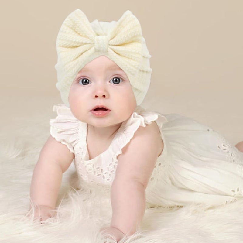 Cinaci 4 Pieces Soft Stretchy Nursery Hospital Caps Bonnets Beanies Headwraps Turban Hats with Bow for Baby Girls Newborns Infants Toddlers - Image 5