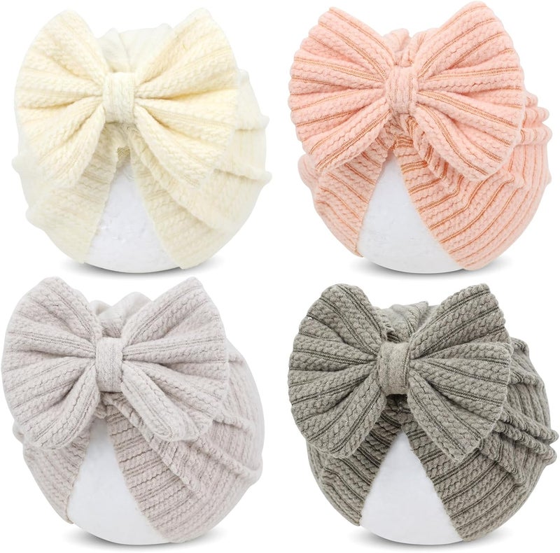 Cinaci 4 Pieces Soft Stretchy Nursery Hospital Caps Bonnets Beanies Headwraps Turban Hats with Bow for Baby Girls Newborns Infants Toddlers - Image 1
