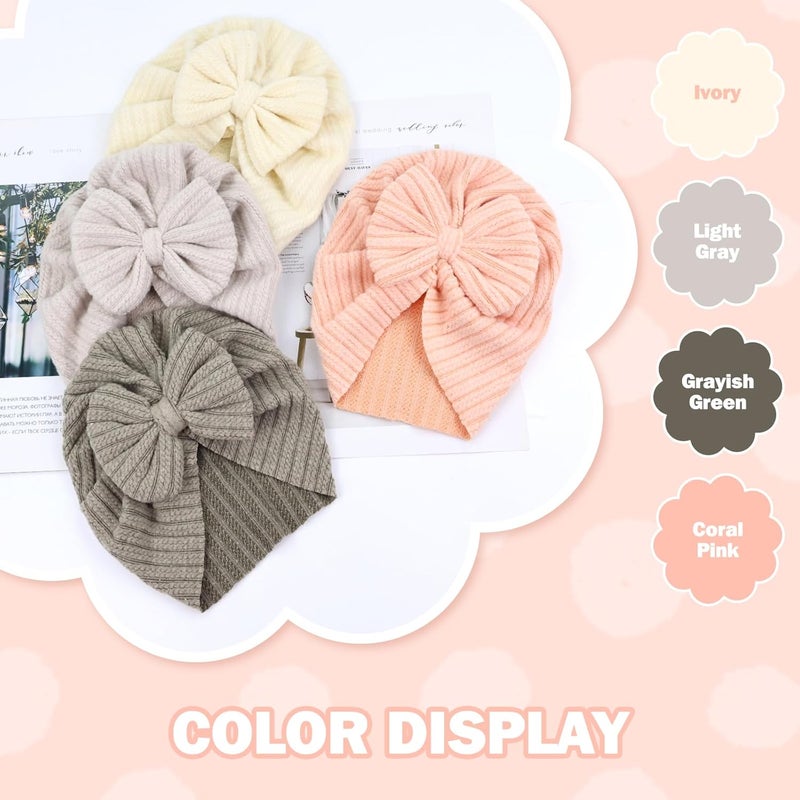 Cinaci 4 Pieces Soft Stretchy Nursery Hospital Caps Bonnets Beanies Headwraps Turban Hats with Bow for Baby Girls Newborns Infants Toddlers - Image 4