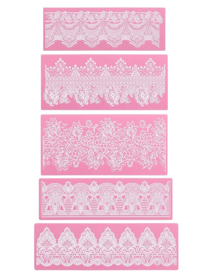 Beasea Lace Molds for Cake Decorating, 5pcs Silicone Fondant Lace Mats Pink Flower Pattern Silicone Molds for sugar lace Craft Tools - Image 1