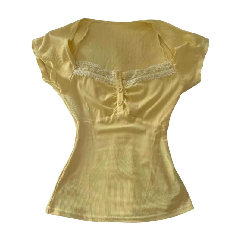 RICHTRUE Grunge Emo Goth Shirts Y2k Lace Bow Coquette Babydoll Tops Women Vintage Graphic Tees 2000s Summer Crop Tops (Small,Yellow Lace) - Image 1
