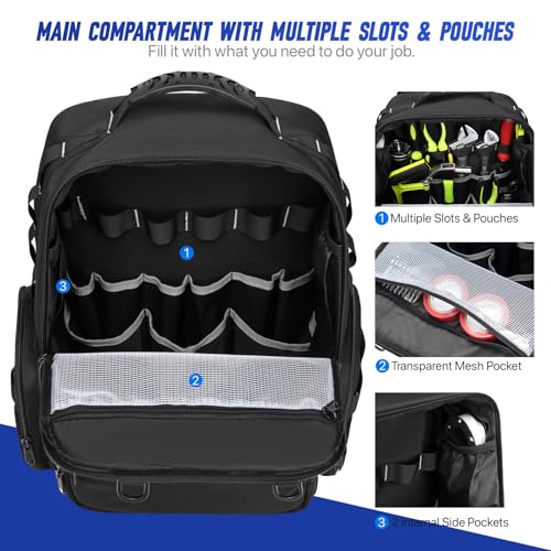 RUCYEN Tool Backpack,Heavy Duty Tool Bags for Men,Tool Storage Organizer Bag With 3 Tool Pouches for Electrician/Industrial/Construction/Tactical/Hvac Techs/Repairman Work - Image 3