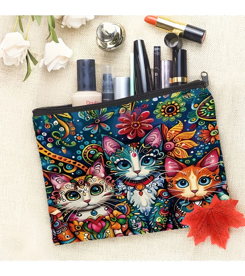 Cat Print Makeup Bag With Zipper Style-01 Lightweight Multifunctional Travel Cosmetic Pouch For Women Thoughtful Gift For Mom Sister Friend - Image 3