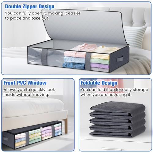 TasticTotes Under Bed Storage Containers, 4 Pack Blanket Storage Bags, Collapsible Storage Bags with Big Zippers, Clear Front, Shoe Storage and Organization for Clothes, Comforter, 75L, Grey - Image 4
