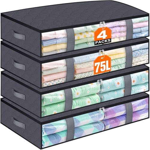 TasticTotes Under Bed Storage Containers, 4 Pack Blanket Storage Bags, Collapsible Storage Bags with Big Zippers, Clear Front, Shoe Storage and Organization for Clothes, Comforter, 75L, Grey - Image 1