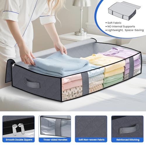 TasticTotes Under Bed Storage Containers, 4 Pack Blanket Storage Bags, Collapsible Storage Bags with Big Zippers, Clear Front, Shoe Storage and Organization for Clothes, Comforter, 75L, Grey - Image 3