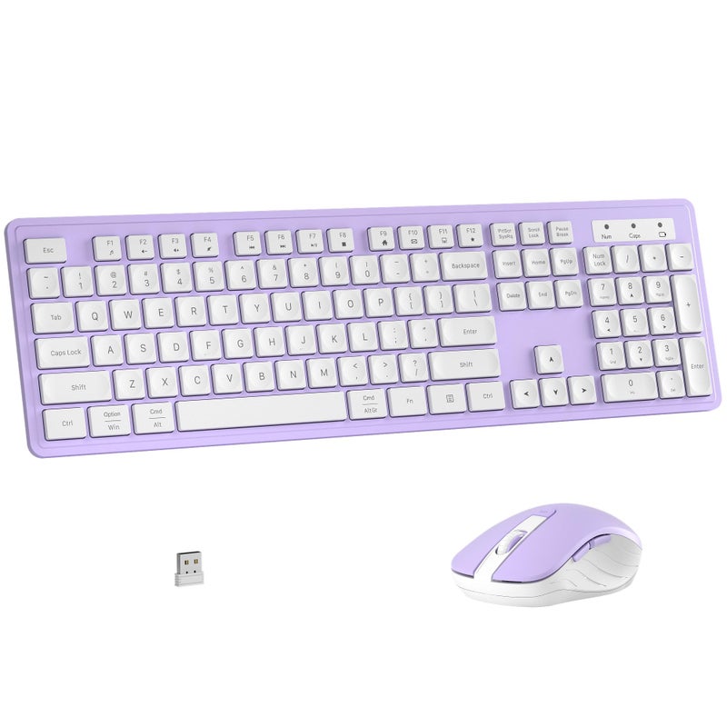 MPTOG Wireless Keyboard and Mouse Combo, Full-Size 104-Key Office Keyboard with 15 Function Keys, Numeric Keypad, Single USB Receiver, Compatible with PC and Laptop(Purple White) - Image 1