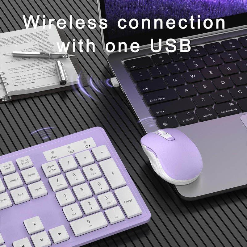 MPTOG Wireless Keyboard and Mouse Combo, Full-Size 104-Key Office Keyboard with 15 Function Keys, Numeric Keypad, Single USB Receiver, Compatible with PC and Laptop(Purple White) - Image 4