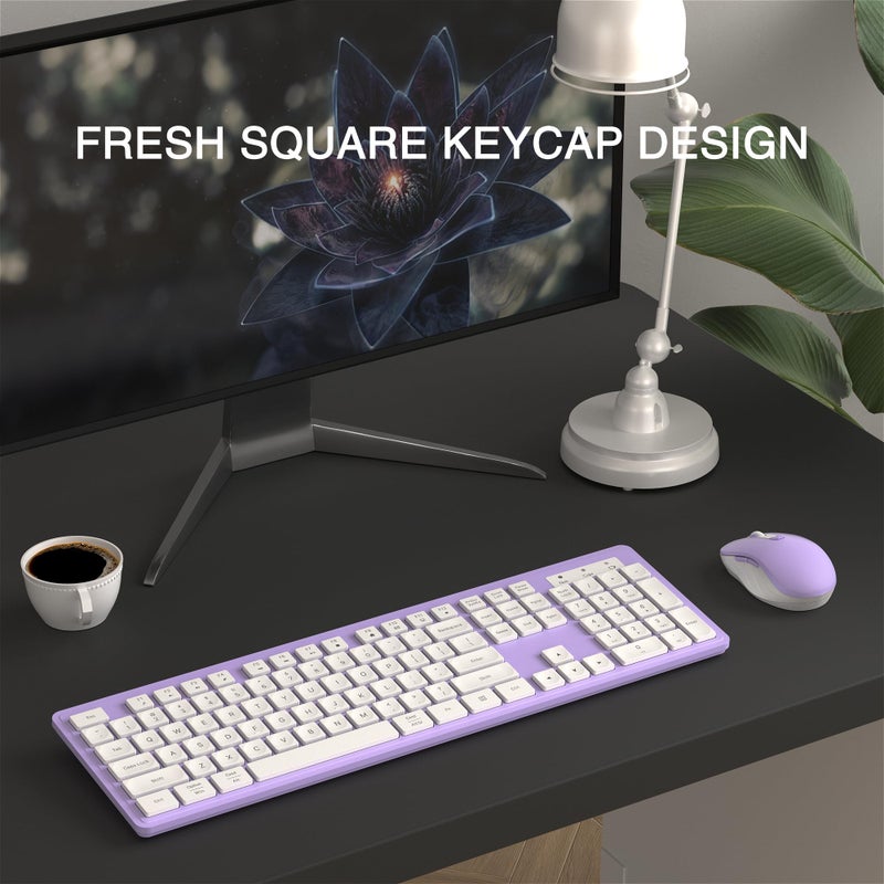 MPTOG Wireless Keyboard and Mouse Combo, Full-Size 104-Key Office Keyboard with 15 Function Keys, Numeric Keypad, Single USB Receiver, Compatible with PC and Laptop(Purple White) - Image 2
