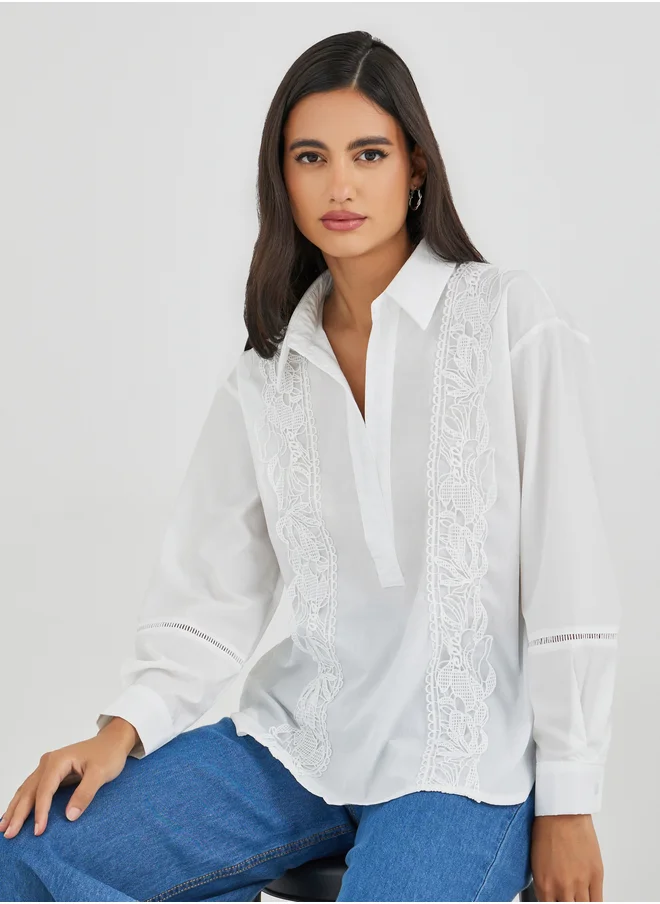 ستايلي Styli Embroidered Long Sleeve Spread Collar Shirt