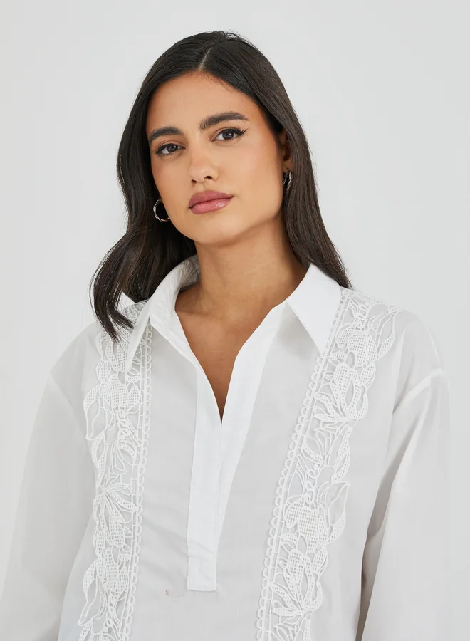 Styli Styli Embroidered Long Sleeve Spread Collar Shirt