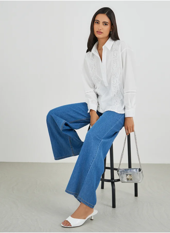ستايلي Styli Embroidered Long Sleeve Spread Collar Shirt