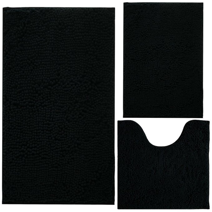 BLACK BATHROOM RUG CHENILLE 3PIECE EXTRA SOFT AND ABSORBENT SHAG BATHROOM RUGS MACHINE WASH MAT STRONG PVC NONSLIP UNDERSIDE PLUSH CARPET MATS BLACK