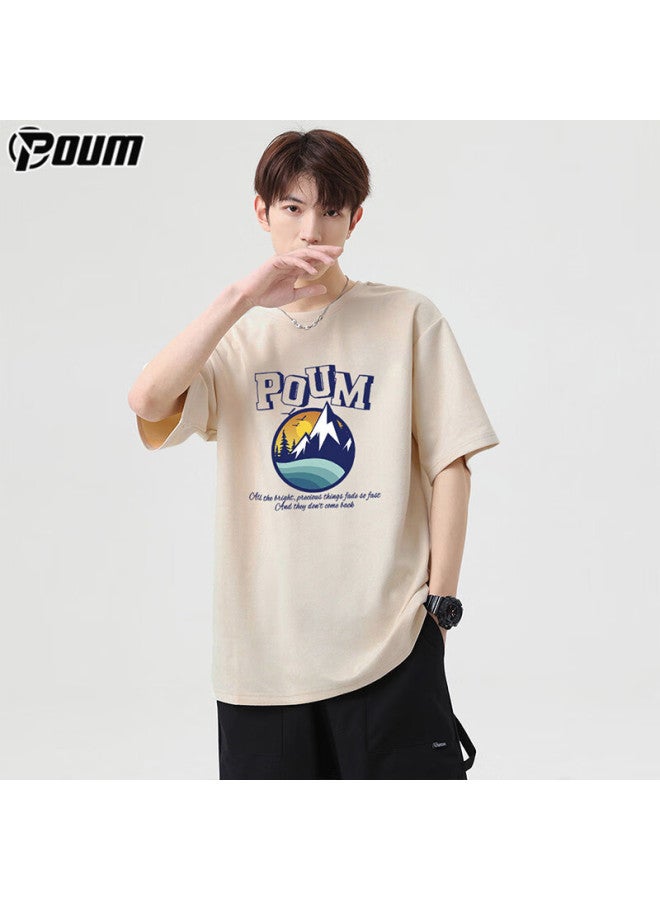 Poum American Retro T-shirt For Men And Women, Summer Trendy Loose High Street Suede Short Sleeve Ph13 Beige XL - Image 1