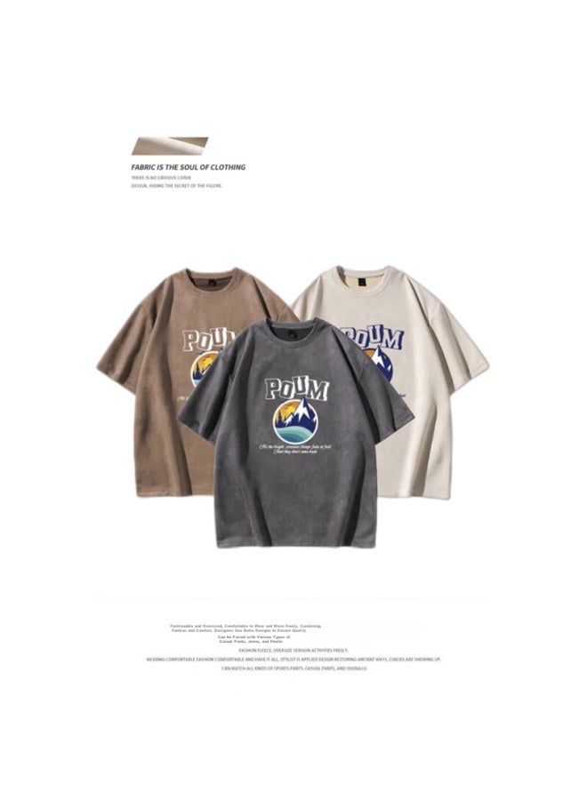 Poum American Retro T-shirt For Men And Women, Summer Trendy Loose High Street Suede Short Sleeve Ph13 Beige XL - Image 4