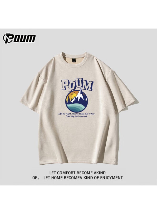 Poum American Retro T-shirt For Men And Women, Summer Trendy Loose High Street Suede Short Sleeve Ph13 Beige XL - Image 3