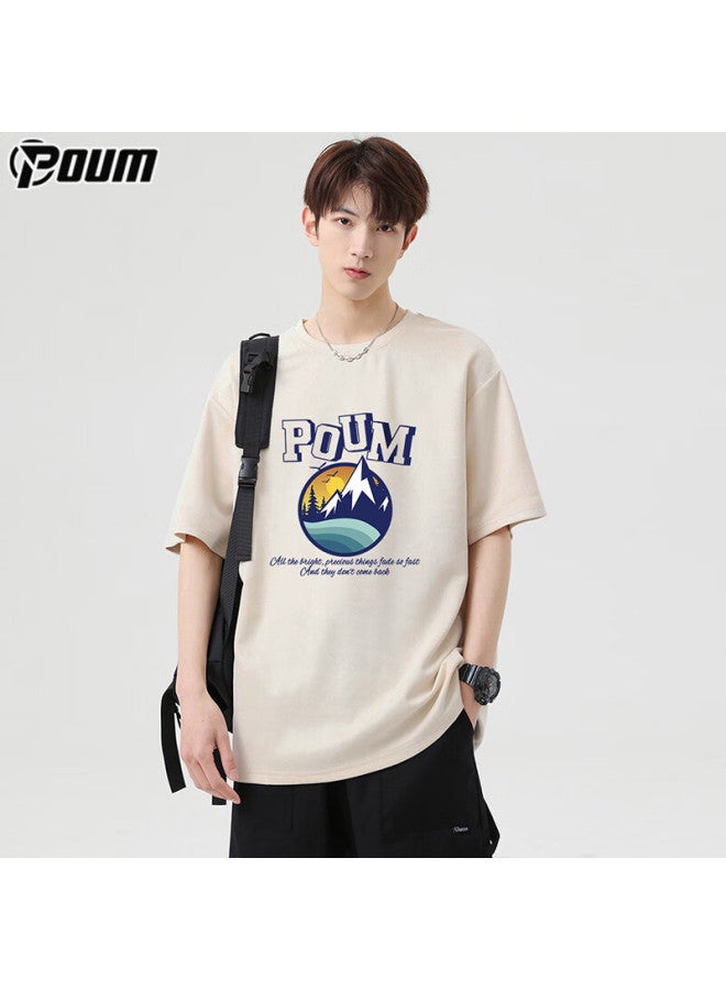 Poum American Retro T-shirt For Men And Women, Summer Trendy Loose High Street Suede Short Sleeve Ph13 Beige XL - Image 2