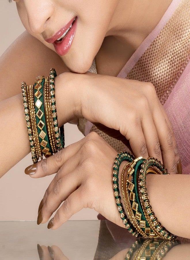 Peora Green Silk Thread Kundan Chuda Chura 2.6" Bangle Set Jewellery Gift for Women Girls - Image 3
