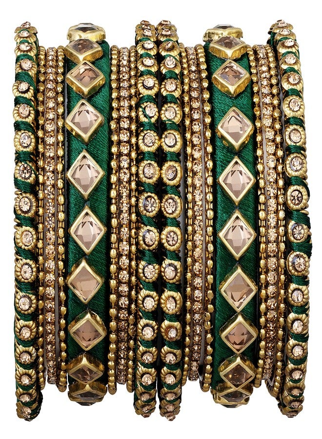 Peora Green Silk Thread Kundan Chuda Chura 2.6" Bangle Set Jewellery Gift for Women Girls - Image 5