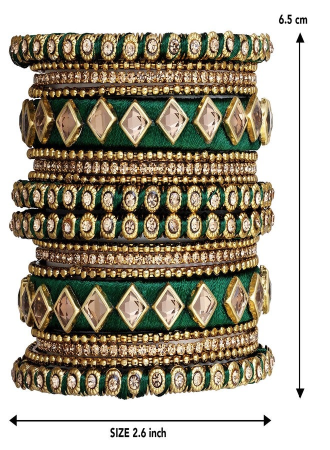 Peora Green Silk Thread Kundan Chuda Chura 2.6" Bangle Set Jewellery Gift for Women Girls - Image 4