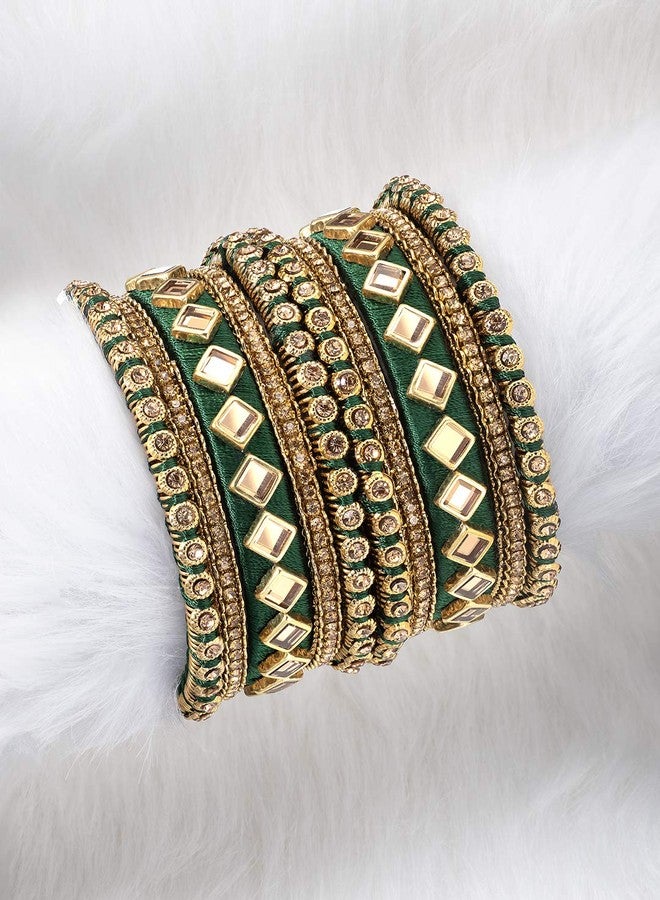 Peora Green Silk Thread Kundan Chuda Chura 2.6" Bangle Set Jewellery Gift for Women Girls - Image 2