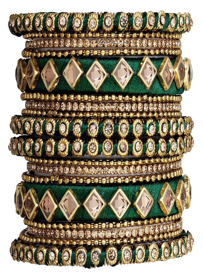 Peora Green Silk Thread Kundan Chuda Chura 2.6" Bangle Set Jewellery Gift for Women Girls - Image 1