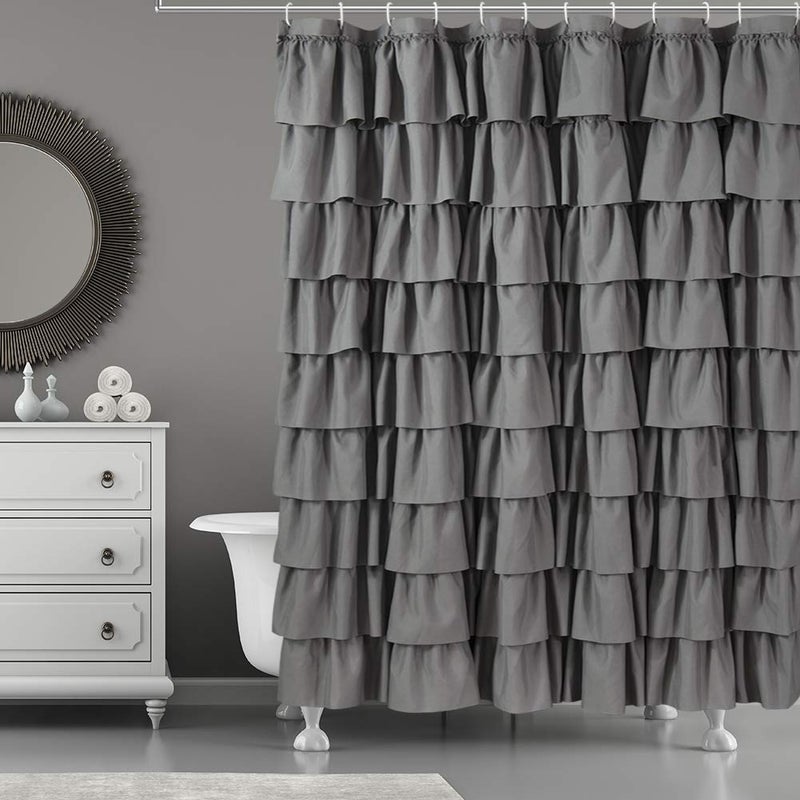 WestWeir Gray Ruffle Shower Curtain Elegant Fabric Soft  Fluffy 72x72 Stylish Bathroom Decor Durable Easy Care Classic  Beautiful Ruffled Design for Womens Bathroom