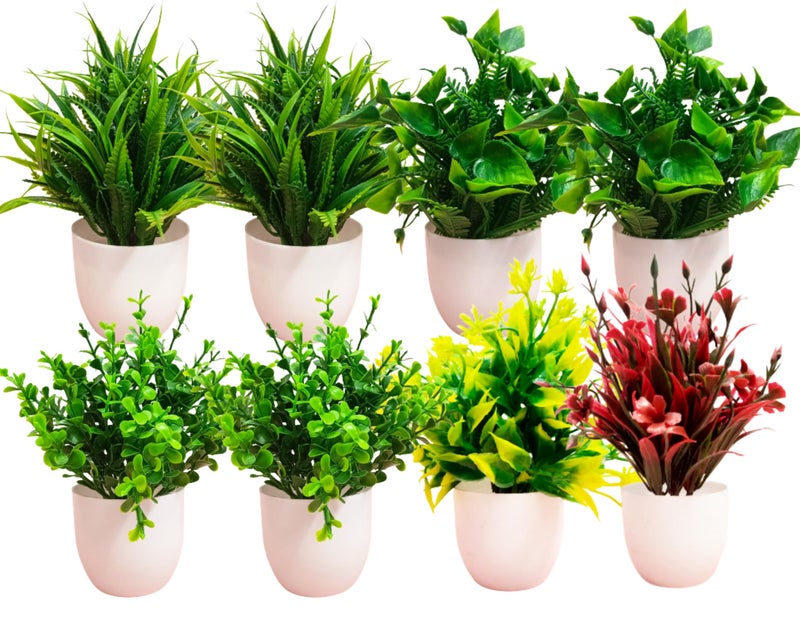 Dekorly Artificial Potted Plants, 8 Pack Artificial Plastic Eucalyptus Plants Small Indoor Potted Houseplants, Small Faux Plants for Home Decor Bathroom Office Farmhouse (Multi-K) - Image 1