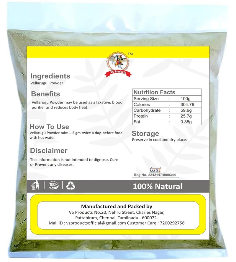 VS Products Vellarugu Powder 900g Chotta Chirayata Indian Whitehead Arka Powder Pack of 9 X 100g - Image 2
