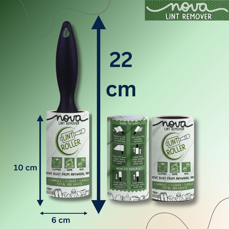 NOVA LINT REMOVER نوفا مزيل الوبر أسطوانة مزيل الوبر للملابس مزيل شعر الحيوانات الأليفة من الملابس مزيل الوبر للملابس أسطوانة مزيل الوبر مع غطاء 3 إعادة تعبئة 10 سم × 60 ورقة 180 ورقة - Image 4