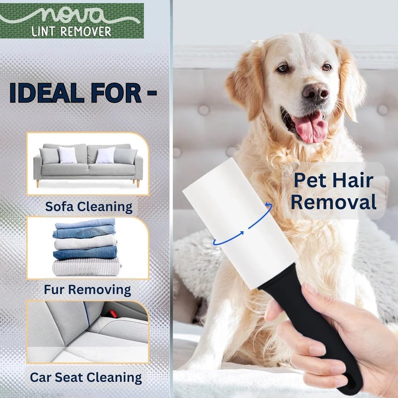 NOVA LINT REMOVER نوفا مزيل الوبر أسطوانة مزيل الوبر للملابس مزيل شعر الحيوانات الأليفة من الملابس مزيل الوبر للملابس أسطوانة مزيل الوبر مع غطاء 3 إعادة تعبئة 10 سم × 60 ورقة 180 ورقة - Image 2