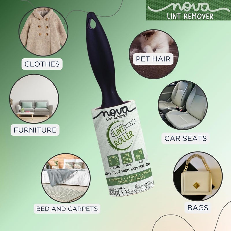 NOVA LINT REMOVER نوفا مزيل الوبر أسطوانة مزيل الوبر للملابس مزيل شعر الحيوانات الأليفة من الملابس مزيل الوبر للملابس أسطوانة مزيل الوبر مع غطاء 3 إعادة تعبئة 10 سم × 60 ورقة 180 ورقة - Image 3