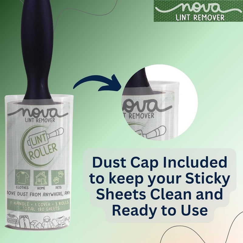 NOVA LINT REMOVER نوفا مزيل الوبر أسطوانة مزيل الوبر للملابس مزيل شعر الحيوانات الأليفة من الملابس مزيل الوبر للملابس أسطوانة مزيل الوبر مع غطاء 3 إعادة تعبئة 10 سم × 60 ورقة 180 ورقة - Image 5